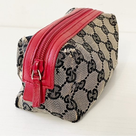 ❤️SOLD❤️Gucci navy blue monogram canvas red leather small cosmetic zip pouch - Picture 2 of 12